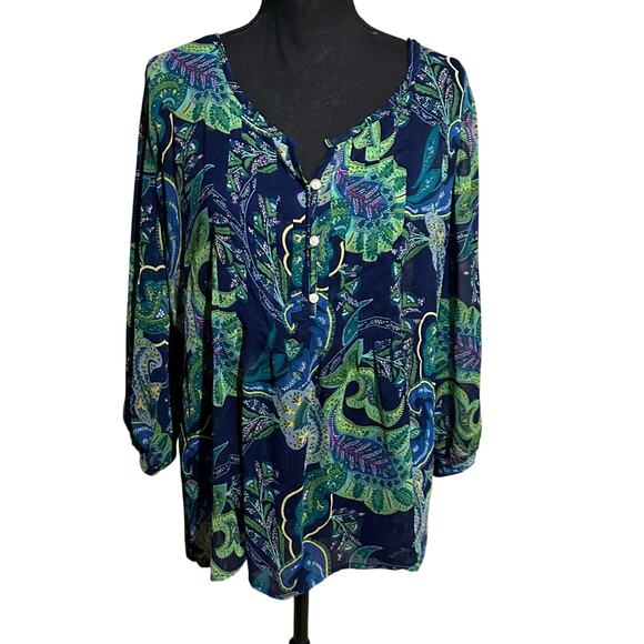 Old Navy Semi Sheer Blue Green Paisley Print Flowy Top Blouse Women's S Small - Picture 1 of 8